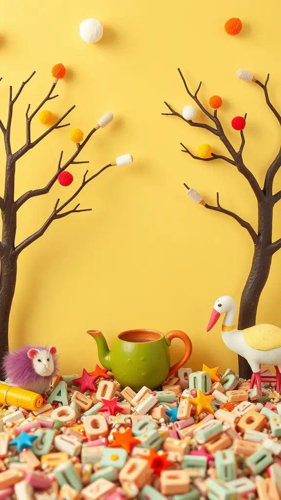 Colorful craft scene with two twig trees decorated with pom-poms, a green teapot, a toy bird, and a mix of colorful letters and shapes.