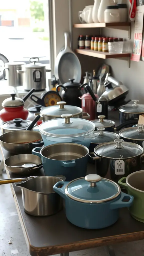 21 Creative Garage Sale Ideas to Boost Your Sales 6 An assortment of kitchen cookware and gadgets displayed on a table.