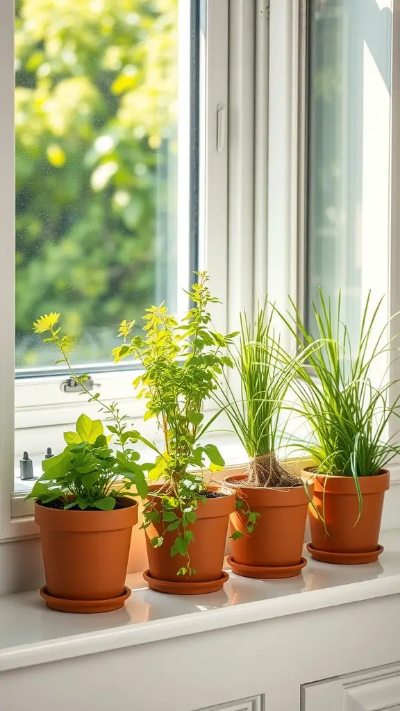 23 Creative Indoor Herb Garden Ideas to Freshen Up Your Space 4 Terracotta pots with various herbs on a kitchen windowsill