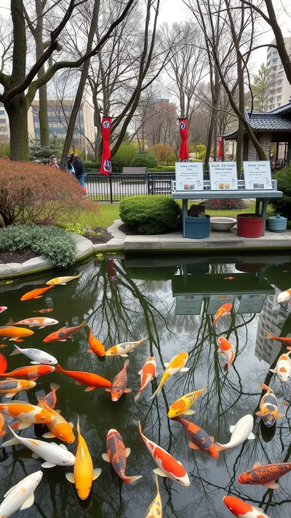 19 Stunning Koi Pond Ideas for Your Backyard Oasis 8 Colorful koi fish swimming in a pond with feeding station in the background