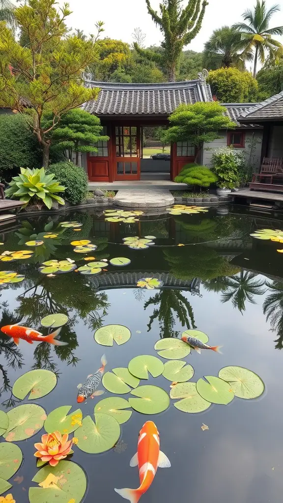 A tranquil koi pond with colorful koi fish, lily pads, and surrounding greenery.