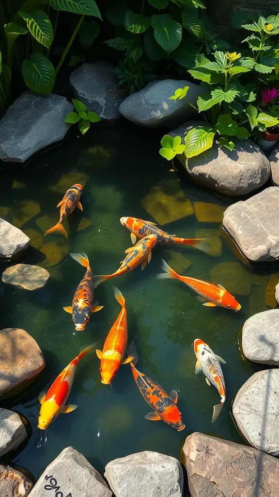 A serene Koi pond style pool with colorful Koi fish swimming among rocks and lush greenery.
