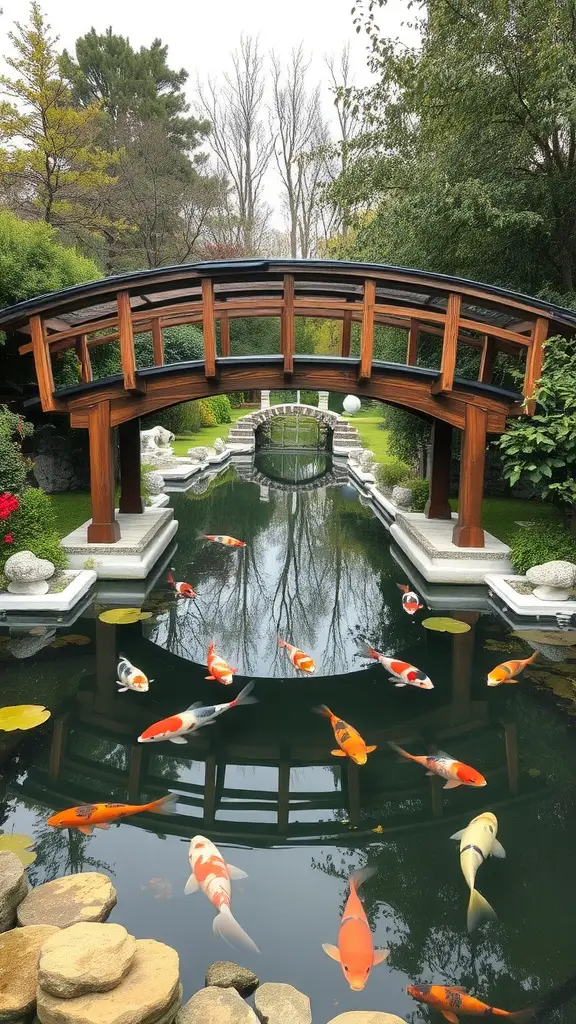 19 Stunning Koi Pond Ideas for Your Backyard Oasis 11 A scenic koi pond featuring a wooden bridge with koi fish swimming beneath