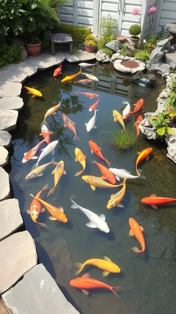 17 Creative Garden Pond Ideas to Enhance Your Outdoor Space 2 A koi pond with colorful fish surrounded by stone edging and lush plants.