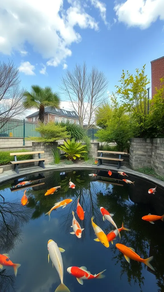 19 Stunning Koi Pond Ideas for Your Backyard Oasis 14 A koi pond with colorful fish and benches for viewing, surrounded by greenery and a clear sky.