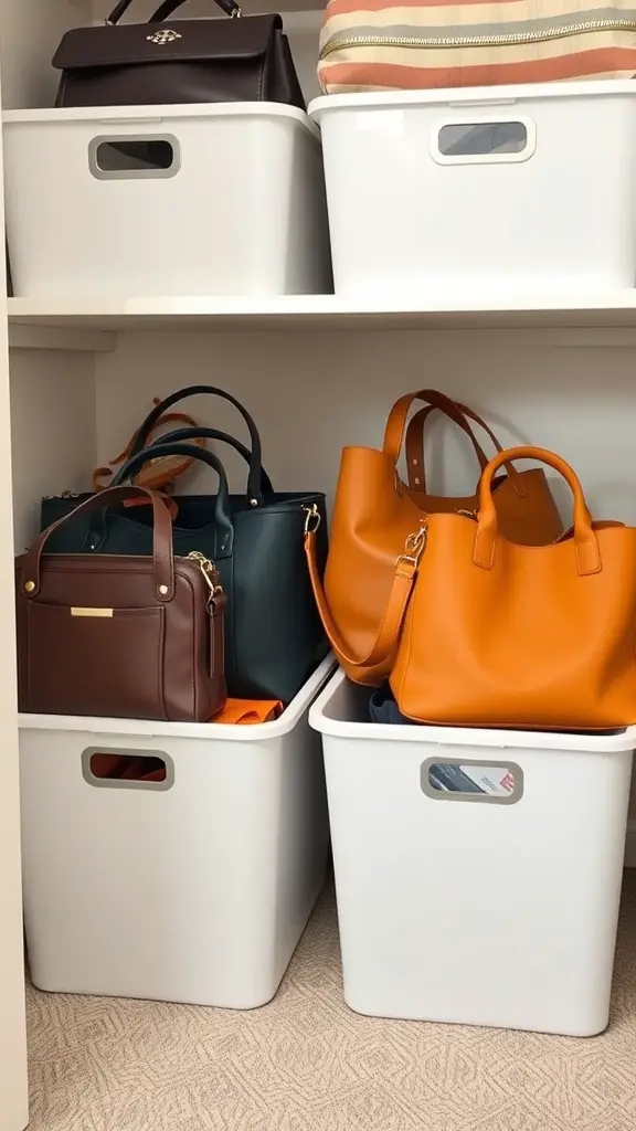 Neatly organized purses in labeled storage bins on a shelf