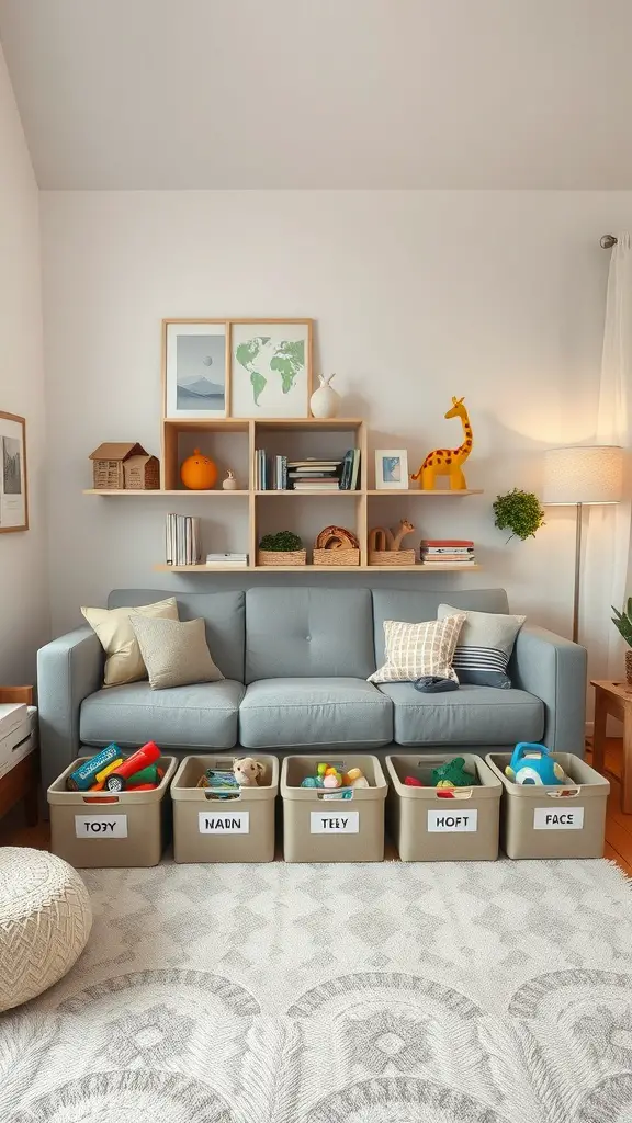 25 Creative Living Room Toy Storage Ideas for a Clutter-Free Space 12 Cozy living room with labeled storage bins for toys, organized neatly under a couch.