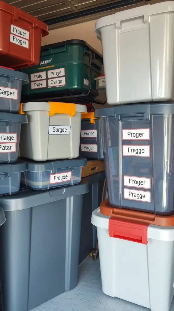 21 Creative Garage Storage Ideas You Need to Try 12 Storage bins in a garage, stacked and labeled for easy identification.