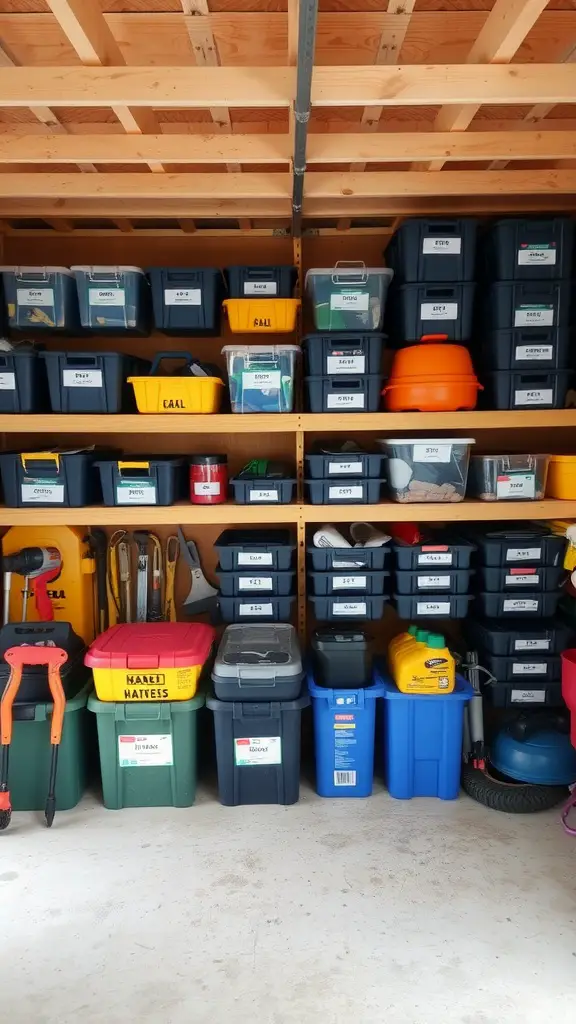 23 Genius Shed Organization Tips for Small Spaces 10 An organized shed with labeled bins and containers on shelves.