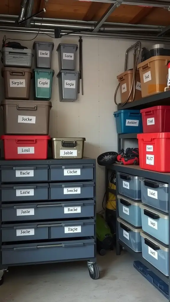 19 Essential Items for Perfect Garage Tool Organization 10 A neatly organized garage with labeled storage bins and drawers.
