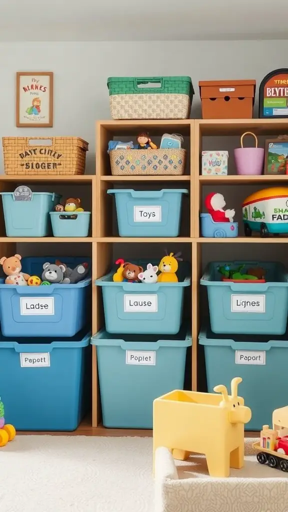 Organized playroom storage with labeled bins for toy organization