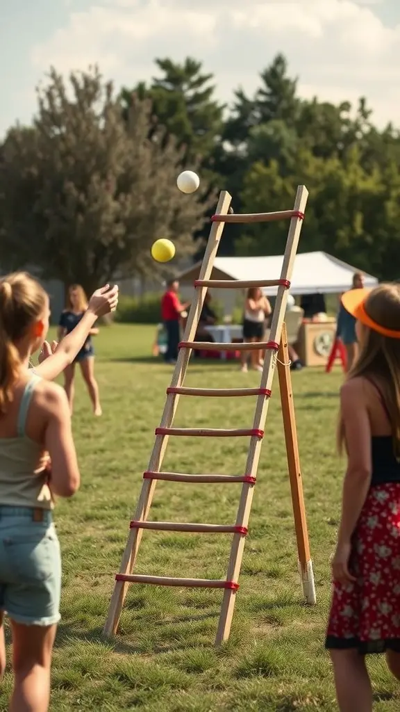 17 Fun Yard Games for Adults to Enjoy This Summer 11 Players engaged in a game of Ladder Toss, aiming balls at a ladder structure in a sunny outdoor setting.