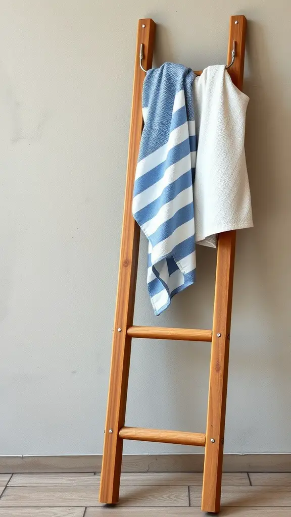 27 Creative Pool Towel Storage Solutions You Need to Try 10 A wooden ladder towel holder with two towels hanging on it, one striped and one white.