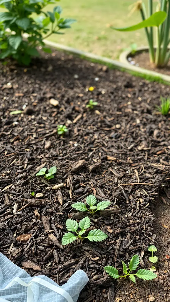 15 Creative Weed Barrier Ideas for Your Garden 7 Young plants growing through dark mulch in a garden bed.