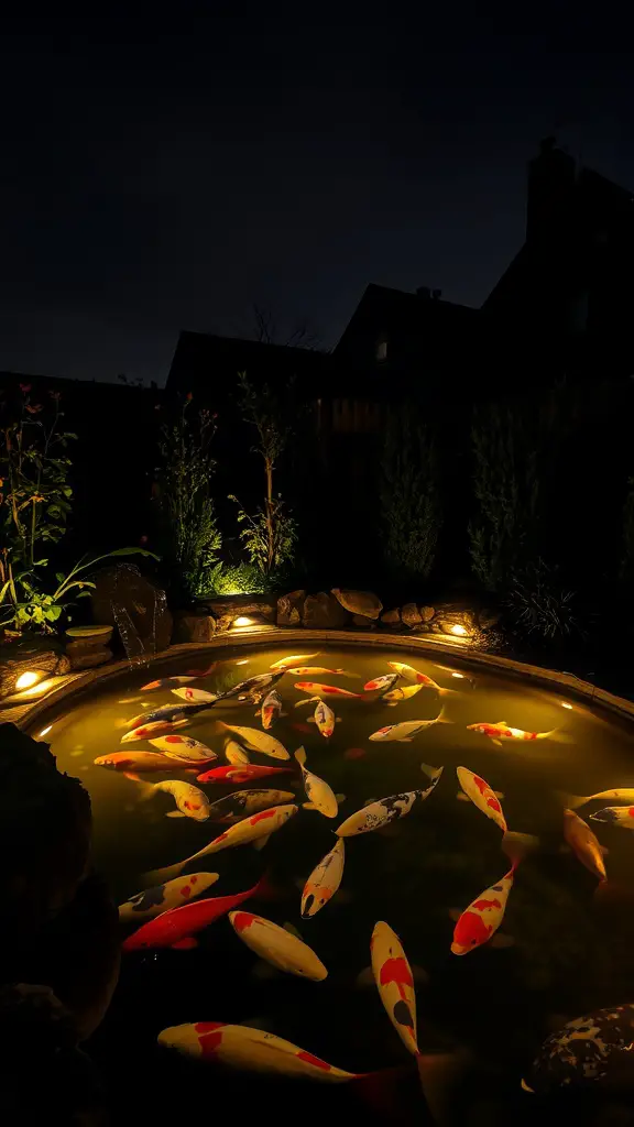 19 Stunning Koi Pond Ideas for Your Backyard Oasis 16 A beautifully lit koi pond at night with koi fish swimming beneath the surface, surrounded by plants and soft lighting.