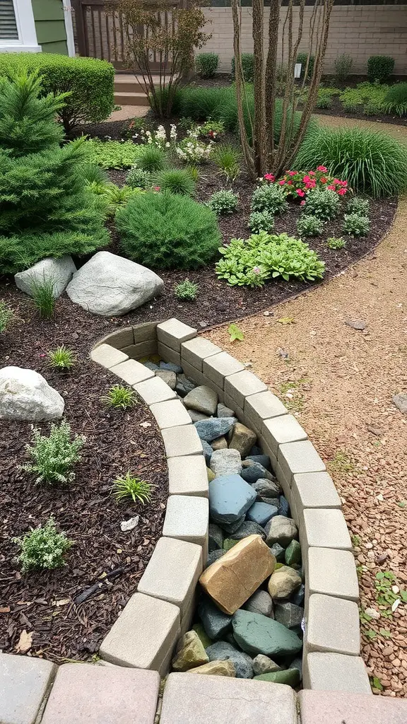 23 Creative French Drain Ideas for Effective Water Management 4 A landscaped French drain with stones, gravel, and surrounding flowers and greenery
