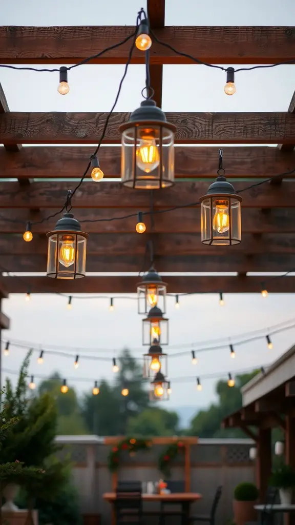 17 Stunning Backyard String Lights to Transform Your Outdoor Space 10 Lantern-style string lights hanging from a wooden pergola, illuminating a cozy backyard setting.