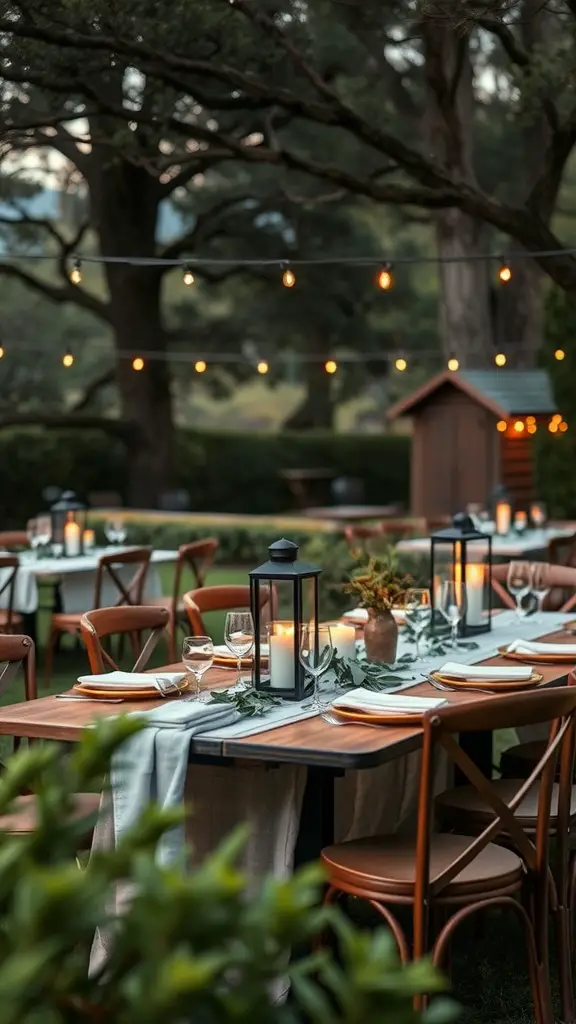 21 Creative Garden Lantern Ideas to Illuminate Your Outdoor Space 11 Outdoor dining setup with lantern centerpieces, candles, and string lights