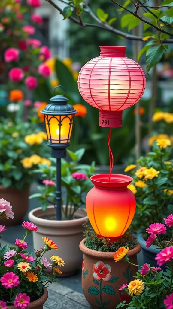 21 Creative Garden Lantern Ideas to Illuminate Your Outdoor Space 9 A vibrant garden scene with colorful flowers and various lanterns in flower pots.