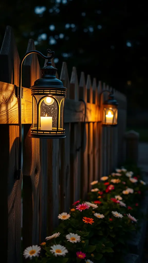 21 Creative Garden Lantern Ideas to Illuminate Your Outdoor Space 16 Rustic fence with glowing lanterns and colorful flowers at the base