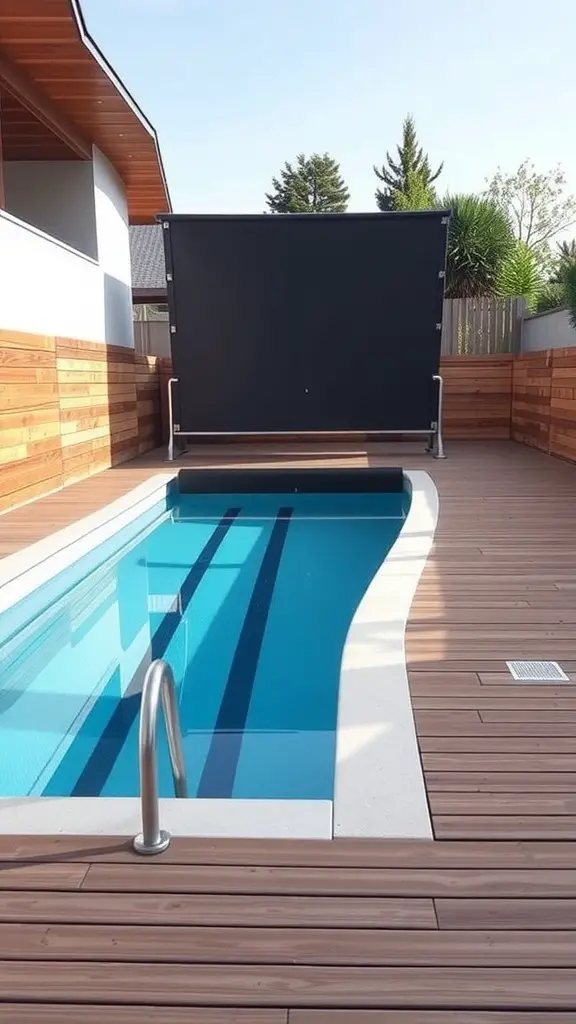 A sleek lap pool with a retractable cover and wooden decking.
