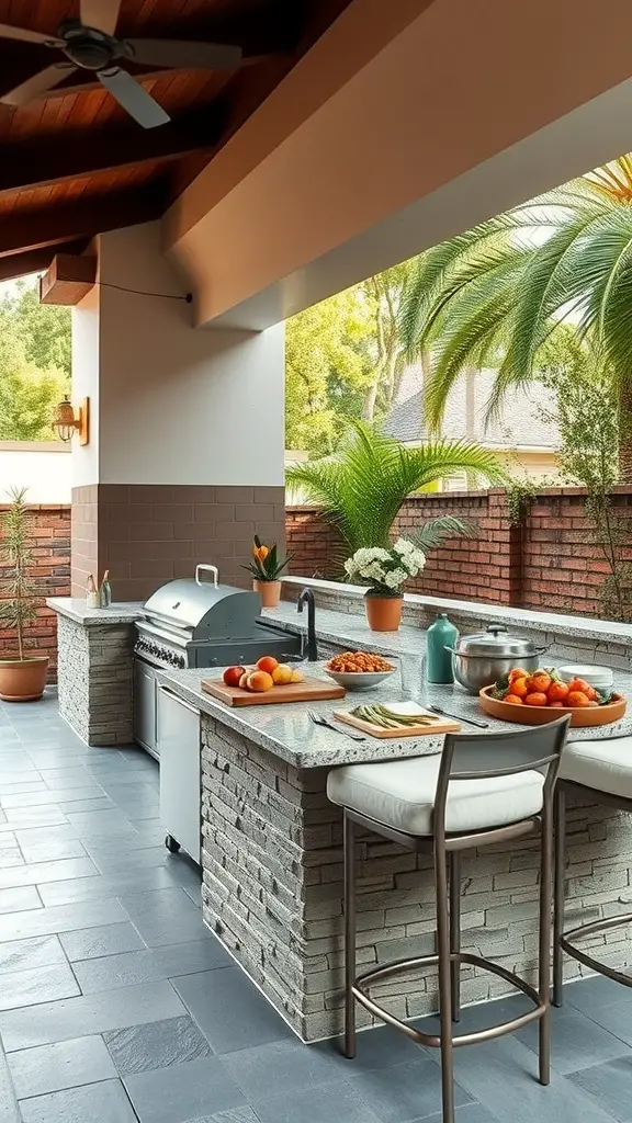 25 Stunning Outdoor Kitchen Patio Ideas You’ll Love 15 Outdoor kitchen with a large stone countertop, grill, and fresh fruits displayed.