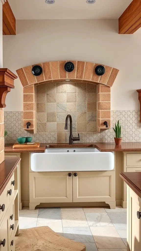 A large farmhouse sink in a Tuscan kitchen with a stone backsplash and wooden accents.