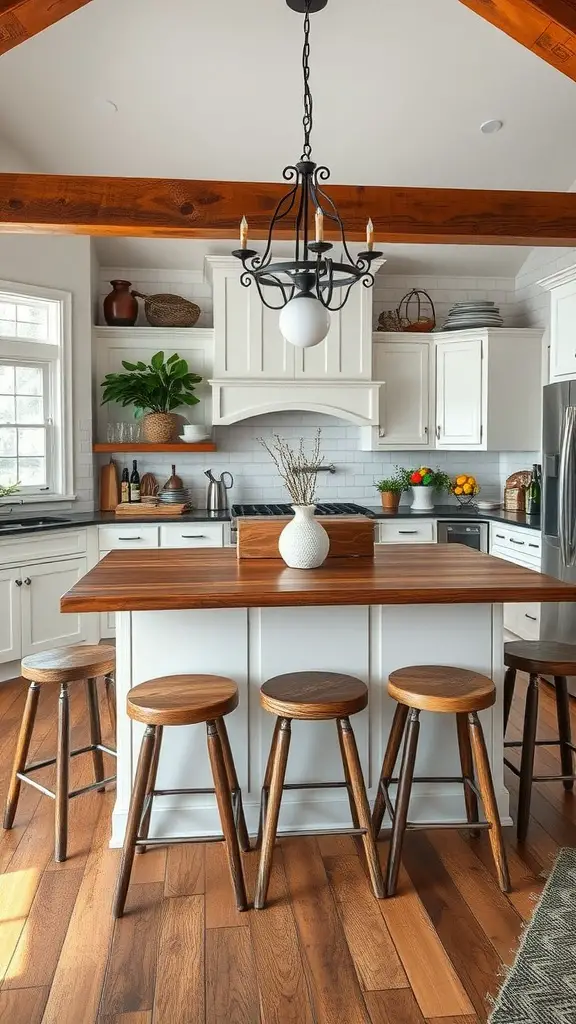A farmhouse kitchen featuring a large wooden island with seating and white cabinetry.