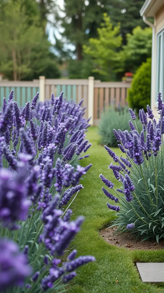 A beautiful backyard with lavender plants lining a walkway, creating a vibrant and inviting atmosphere.