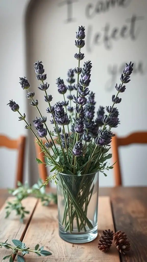 19 Stunning Wedding Floral Centerpieces to Inspire Your Big Day 4 A floral centerpiece featuring lavender and eucalyptus in a clear vase, with pine cones on a wooden table.