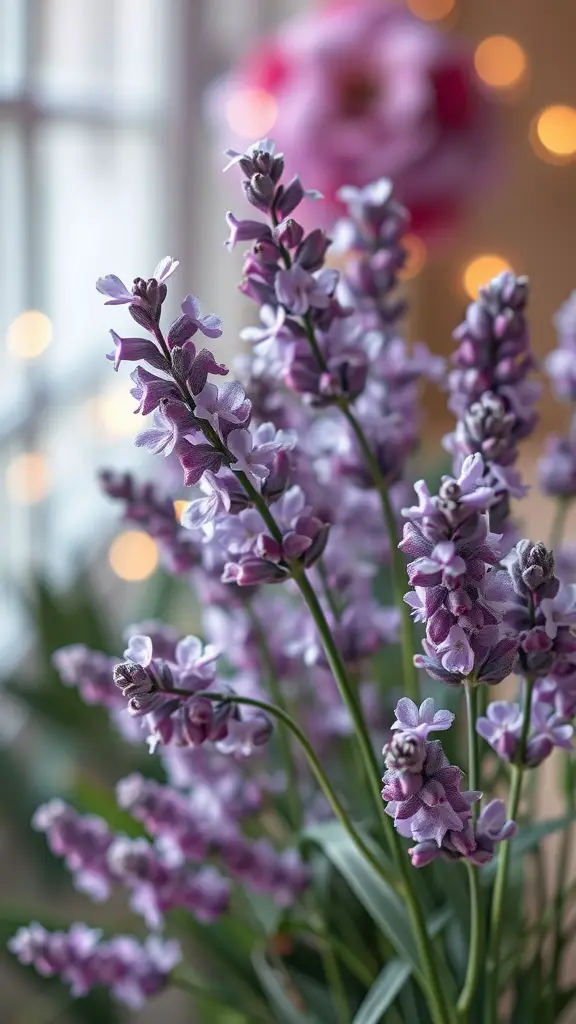 Close-up of lavender blooms with soft lighting in the background