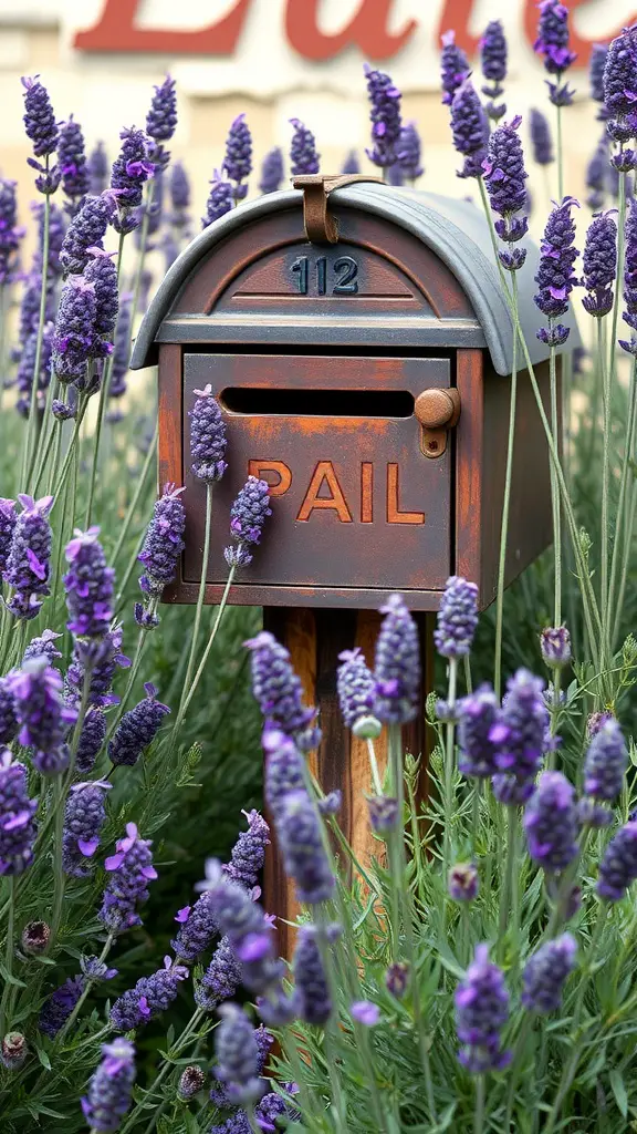 19 Stunning Mailbox Plants to Enhance Your Curb Appeal 4 A rustic mailbox surrounded by vibrant purple lavender flowers