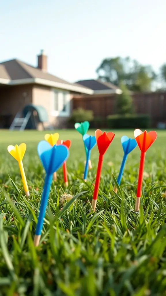 17 Fun Yard Games for Adults to Enjoy This Summer 8 Colorful lawn darts stuck in grass in a backyard setting.