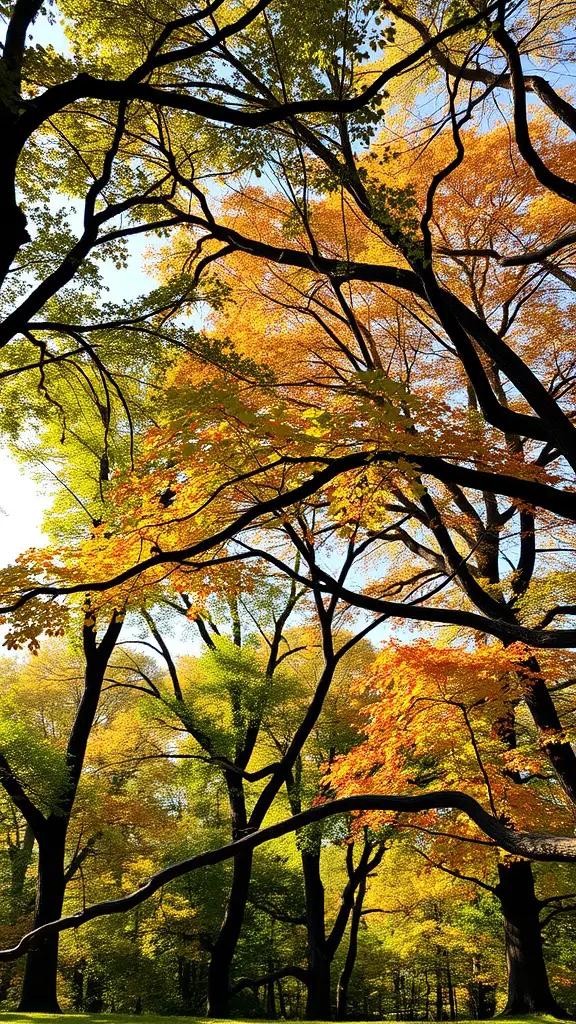 A layered tree canopy with vibrant green and autumn-colored leaves.