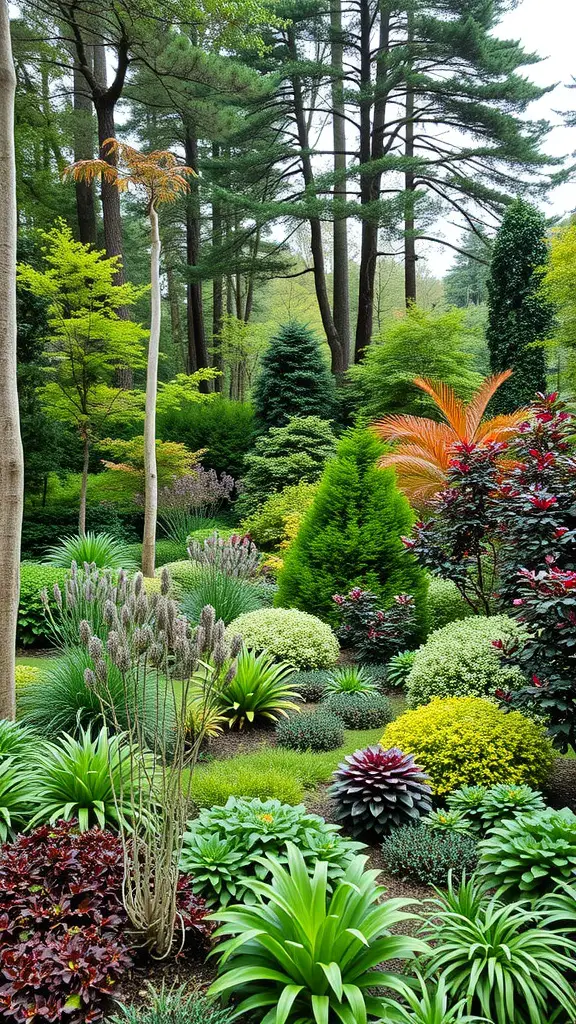 15 Inspiring Forest Garden Ideas for Your Outdoor Space 9 A vibrant forest garden with layered planting featuring various plants and trees.