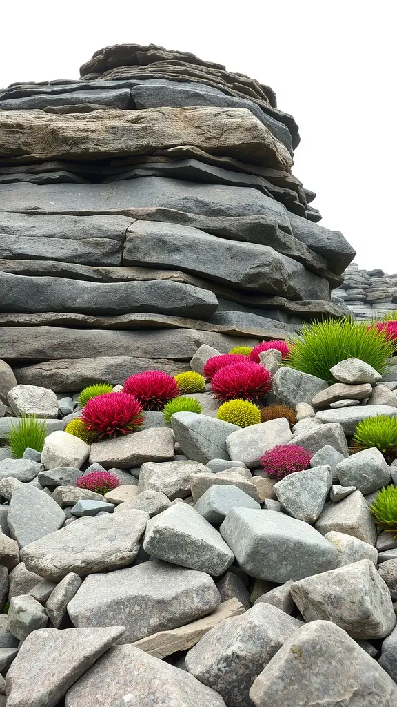 19 Stunning Rock Garden Landscaping Ideas to Transform Your Outdoor Space 10 A rock garden with layered stone outcroppings and colorful succulents.