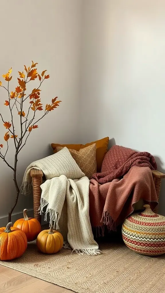 A cozy indoor fall decoration featuring layered textiles, pumpkins, and a decorative branch.