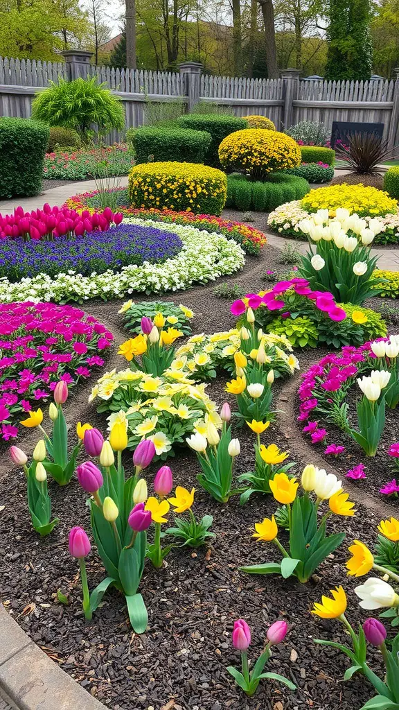 19 Stunning Floral Garden Ideas Featuring Beautiful Bulbs 2 A colorful floral garden with layered bulbs in various shapes and colors.