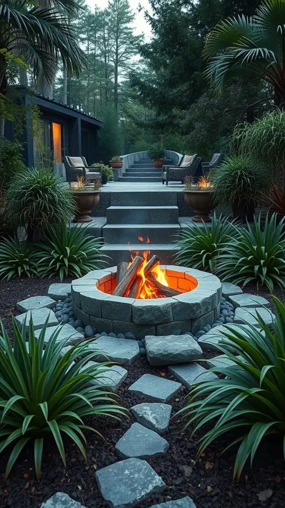 15 Stunning Fire Pit Landscaping Ideas for Your Outdoor Space 2 A fire pit surrounded by various plants of different heights, with stone pathways leading to seating areas.