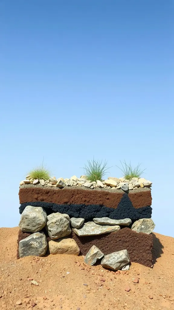 15 Innovative Dry Rock Bed Ideas for Effective Drainage Solutions 5 A layered dry rock bed for effective drainage with small stones, grass, and larger rocks.