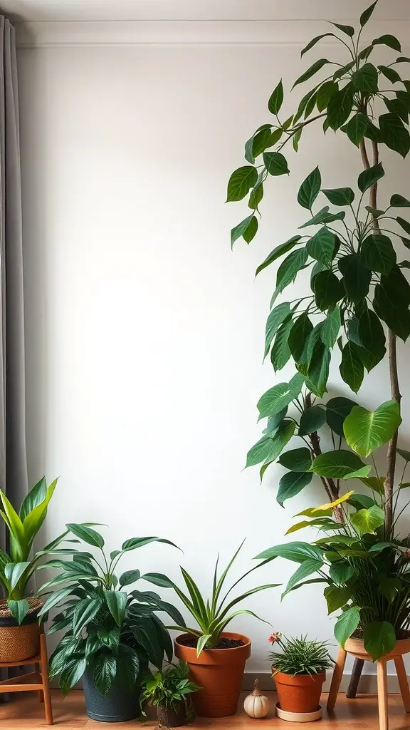 19 Indoor Plant Styling Ideas to Elevate Your Space 2 A variety of indoor plants arranged at different heights for a layered effect, featuring tall and short plants in various pots.