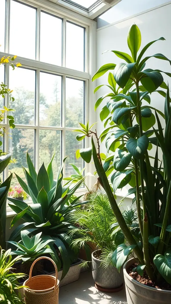 A sunroom filled with various plants of different heights and textures, showcasing a layered arrangement.