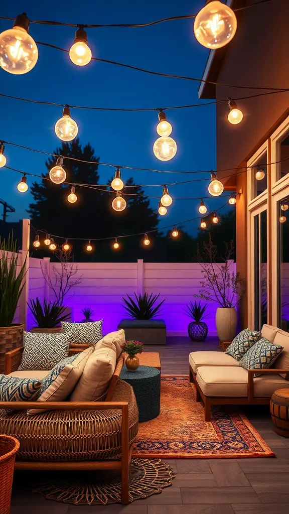 17 Stunning Backyard String Lights to Transform Your Outdoor Space 15 A cozy outdoor seating area illuminated with warm LED globe lights.