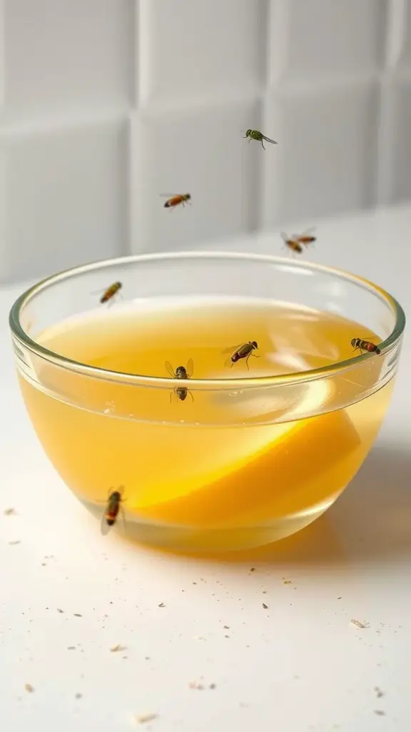 Bowl with lemon juice and vinegar mixture attracting fruit flies
