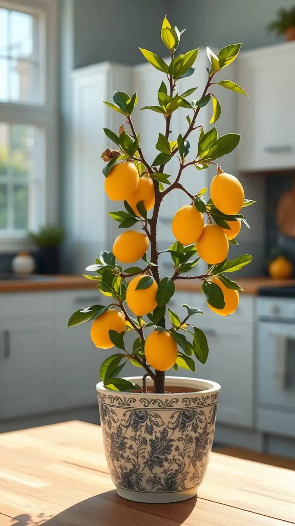 A lemon tree with ripe lemons in a decorative pot on a kitchen countertop.