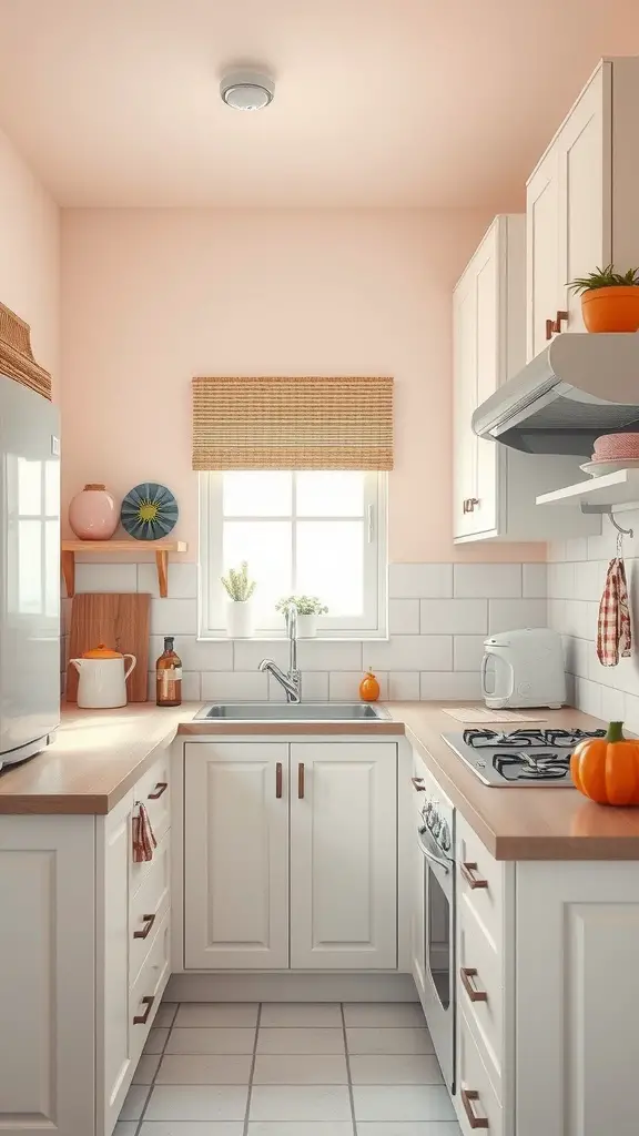 A small, light-colored kitchen with pink walls, white cabinetry, and natural wood countertops
