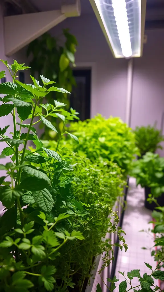 23 Creative Indoor Herb Garden Ideas to Freshen Up Your Space 16 Indoor herb garden with bright LED lights illuminating various herbs