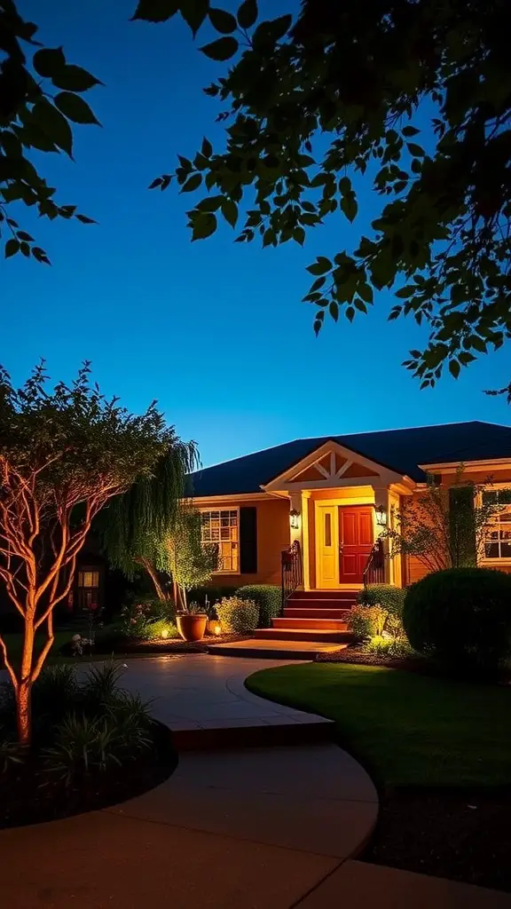 A well-lit front yard showcasing landscaping features at night.