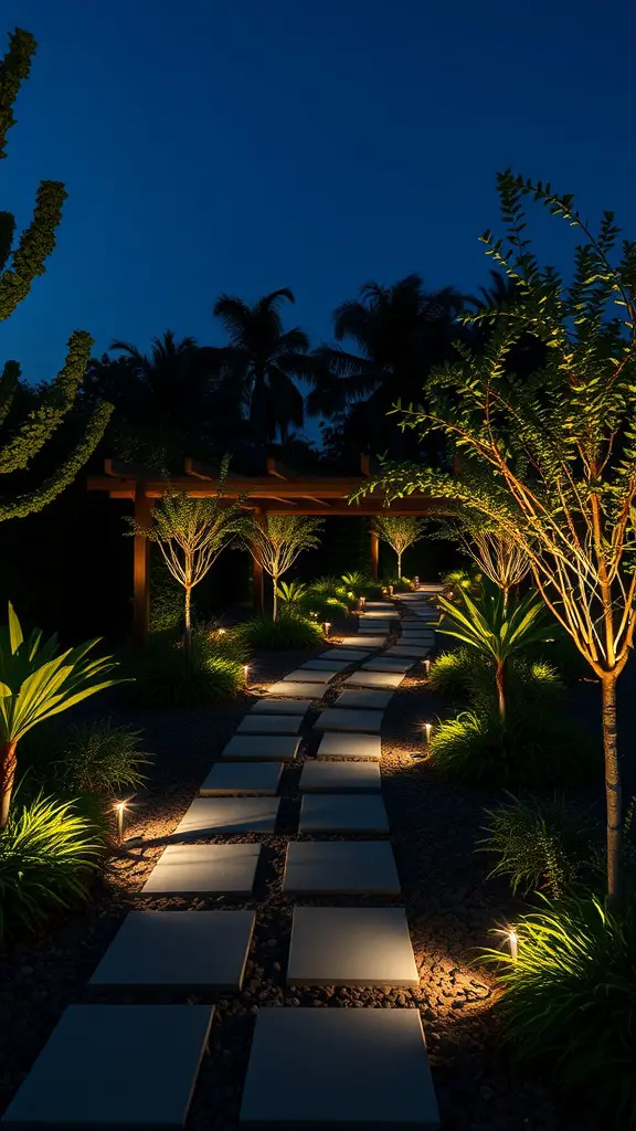 23 Inspiring Modern Garden Ideas to Transform Your Outdoor Space 12 A beautifully lit garden path with stepping stones and lush greenery under a night sky.