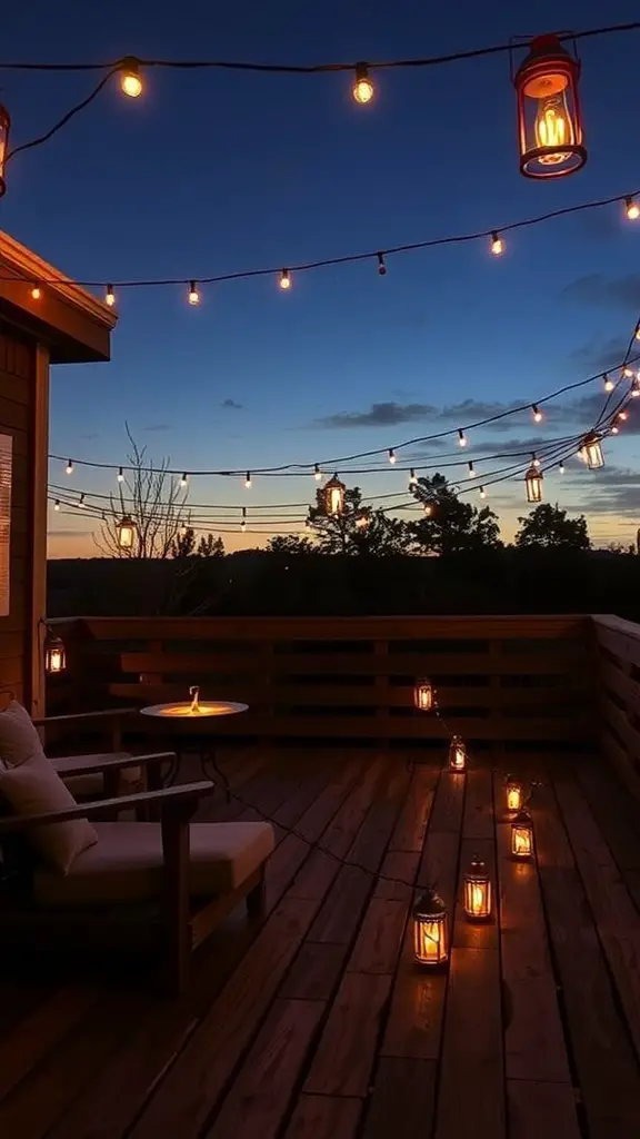 15 Creative DIY Ideas for a Stunning Pallet Deck 11 A beautifully illuminated pallet deck featuring string lights and lanterns against a twilight sky.